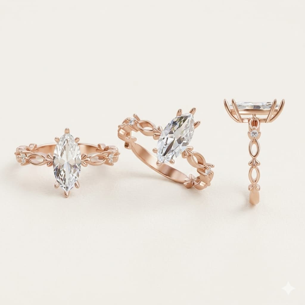 1克拉馬眼鑽戒 3D 多角度展示圖，18K 玫瑰金復古蕾絲戒台細節構造