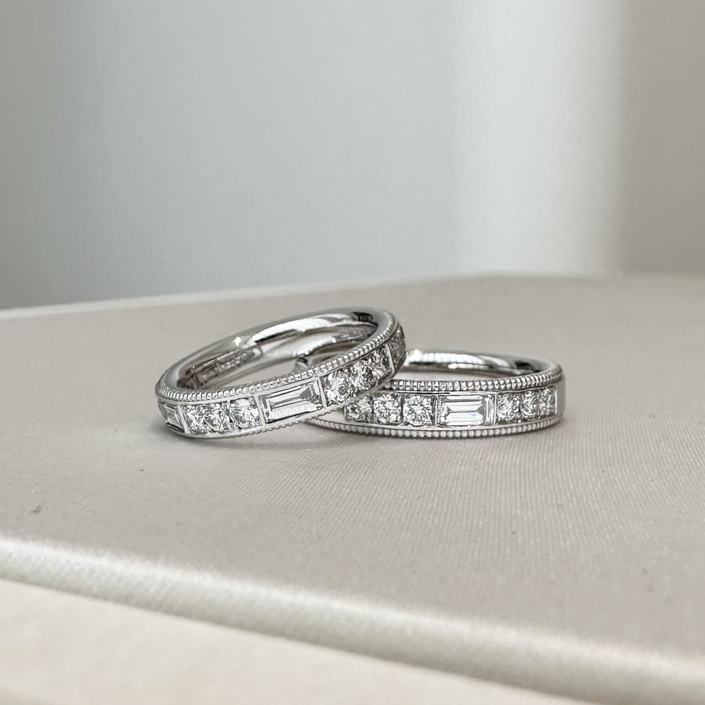 復古滾珠邊結婚對戒，長梯鑽與圓鑽交錯白金排鑽戒，DDS訂製婚戒
