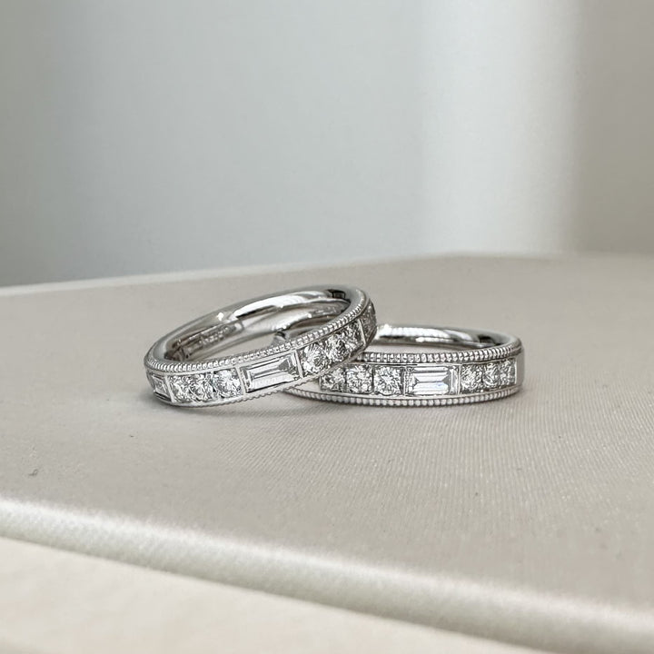 復古滾珠邊結婚對戒，長梯鑽與圓鑽交錯白金排鑽戒，DDS訂製婚戒