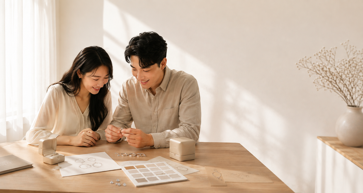 DDS 訂製婚戒顧問陪伴新人挑選婚戒，桌上擺放戒指、戒盒、鑽石、色卡與設計稿，在日系侘寂風空間中共同討論專屬婚戒設計。