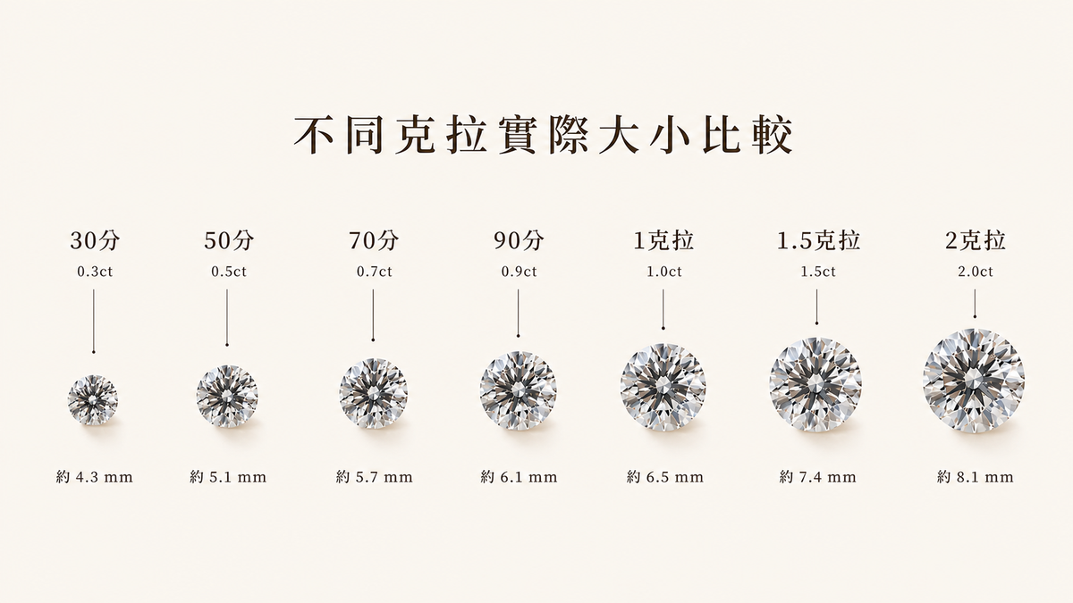 鑽石克拉實際大小比較圖，30分至2克拉圓鑽直徑毫米對照表，DDS訂製婚戒
