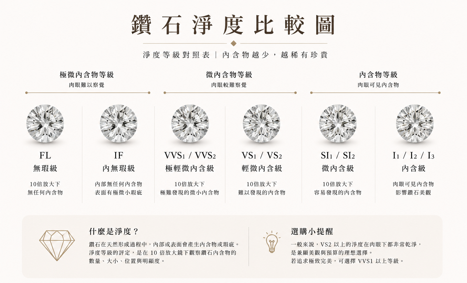 鑽石淨度比較圖，完整比較 GIA FL、IF、VVS、VS、SI、I 等淨度等級，了解鑽石內含物差異與婚戒挑選建議｜DDS 訂製婚戒