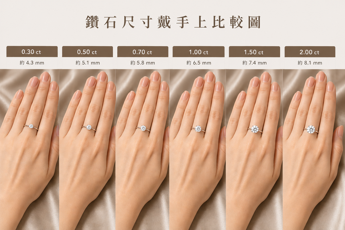DDS 訂製婚戒鑽石尺寸戴在手上比較圖，展示 0.30 克拉、0.50 克拉、0.70 克拉、1 克拉、1.50 克拉與 2 克拉圓形鑽石的實際佩戴大小。