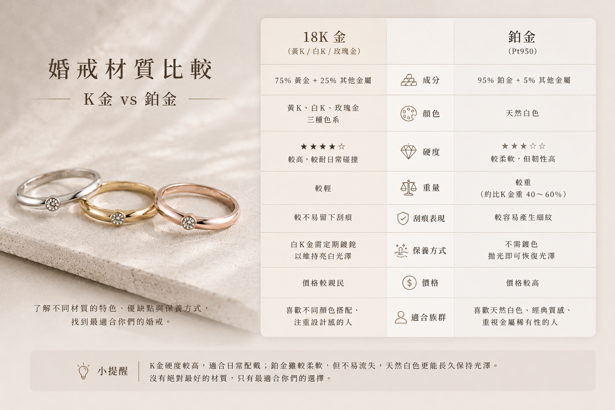 婚戒材質比較｜18K 白K、黃K、玫瑰金與 Pt950 鉑金差異，完整比較成分、硬度、顏色、保養及價格。