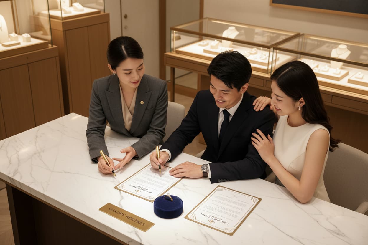 台北 DDS 求婚戒租借服務，新人與專員在門市完成租借合約與戒指確認流程