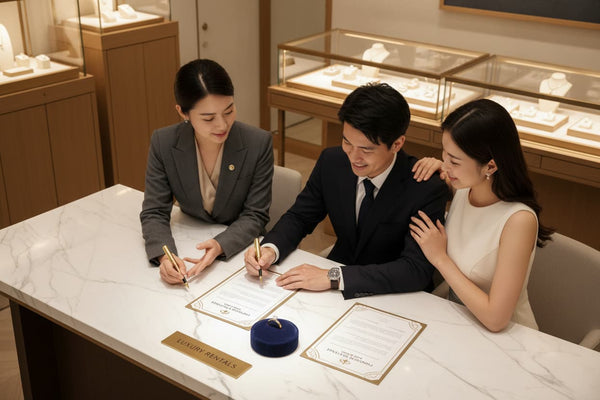 台北 DDS 求婚戒租借服務，新人與專員在門市完成租借合約與戒指確認流程