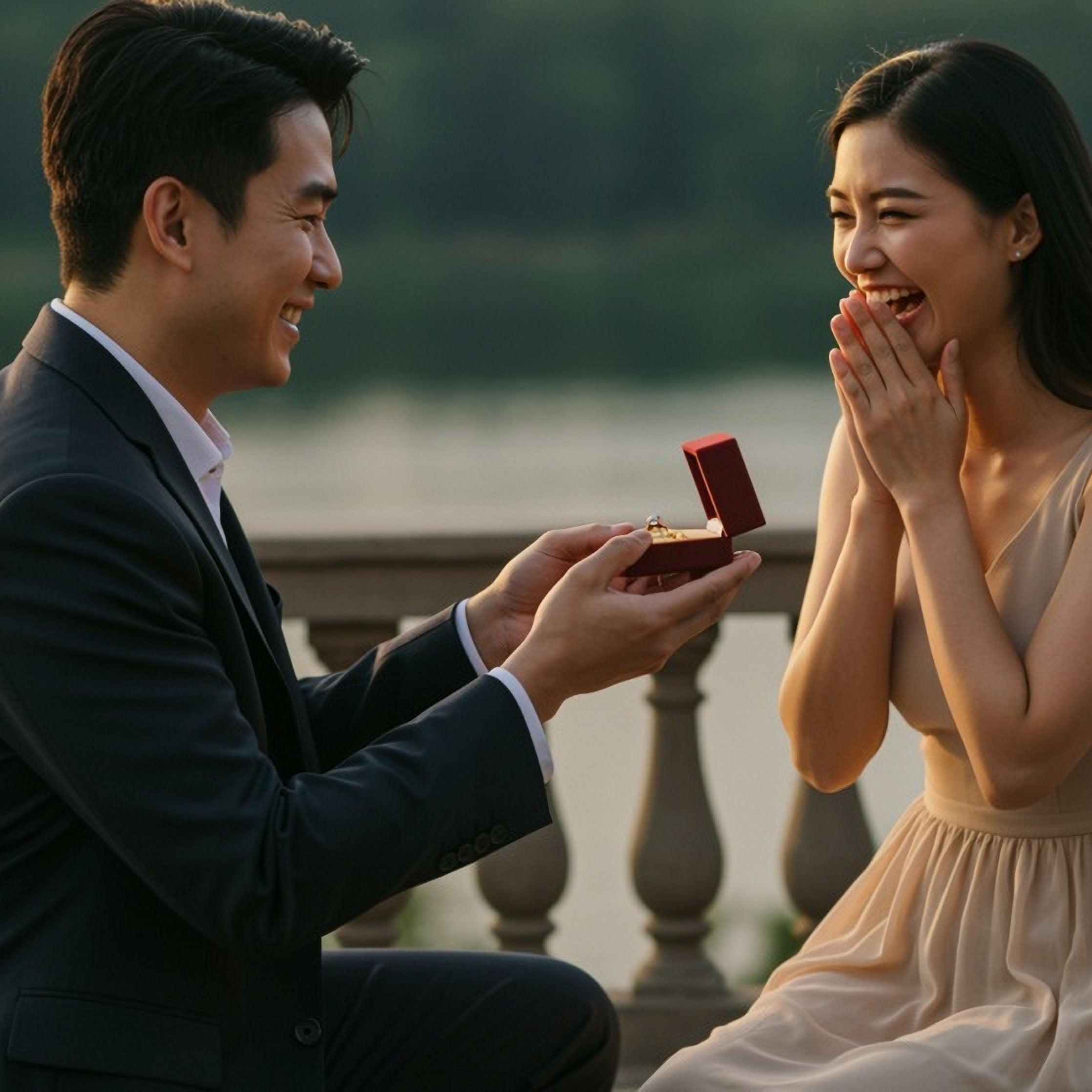 使用 DDS 求婚戒租借的新人在戶外浪漫求婚，呈現求婚戒拍照效果與驚喜時刻